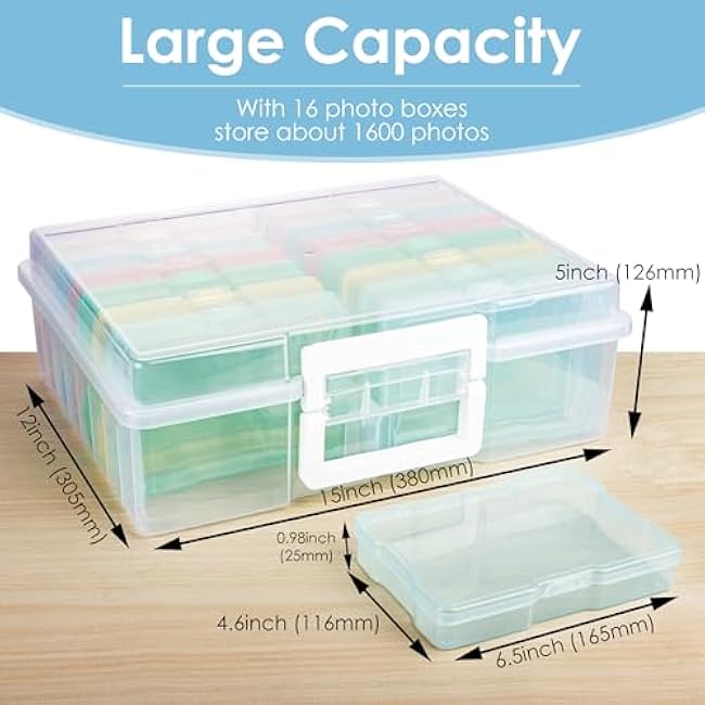 Photo Organizer, 16 inner 4''¡Á6'' Photo Storage Containers with Handle for Crafts Scrapbooking Stationery, Seed, Sewing Supplies, Arts Supply(Candy-Colored)