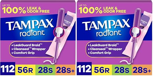 Image of Tampax Radiant Tampons for Women Multipack,with LeakGuard Braid,Regular /Super /Super Plus Absorbency,Unscented,112 Count (Pack of 2)