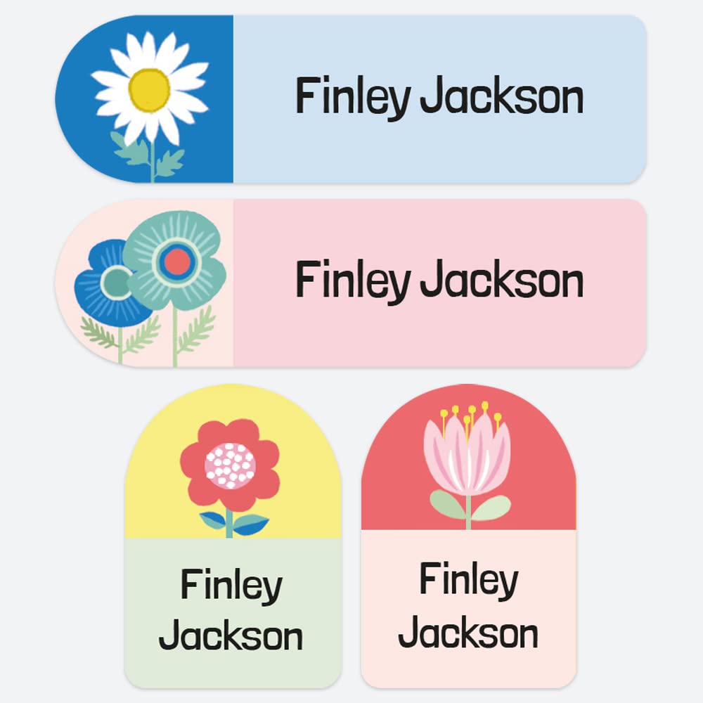 50 x No Iron Personalised Stick On Waterproof Washable Name Labels Great for Clothes, School Uniform, Equipment, Shoes. School, Nursery, Day Care, Hospital - Garden Flowers