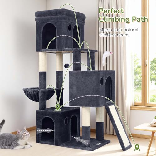 Image of Globlazer Heavy Duty Cat Tree for Indoor Cats Large Adult, F52B, Dark Grey | 3 Condos, Extra-Large Baseboard, Removable Top Perch, 4 Sisal Posts & Board, Hanging Basket, Anti-Topple Strap, Easy Setup