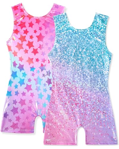 Wanyoo 2 Pack Gymnastics Leotards for Girls Shiny Toddler Biketard Unitard One Piece Tumbling Outfits