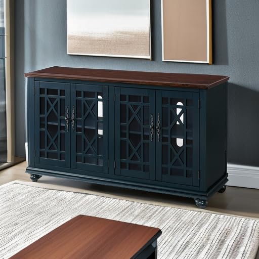 Image of Elegant Wood TV Stand for 50 inch, 55 inch, 60 inch, 65 inch TVs, Entertainment Center with Doors, Adjustable Shelves, Storage, Media Console, Sideboard, Hallway Accent Chest Dark Blue and Brown 63 inch W x 18 inch D x 35 inch H