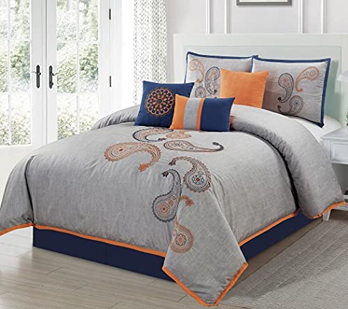 Chezmoi Collection Naomi 7-Piece Navy Orange Paisley Floral Embroidery Comforter Bedding Set, King #TOP1