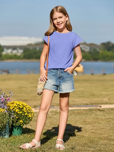 Image of Haloumoning Girls Cap Sleeve T Shirts Kids Summer Crewneck Solid Tops Tees 5-14 Years