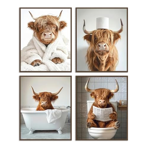 Dazzlewall 4Pcs Highland Vache Murale Art Photo, Drôle Vache Salle de Bain Baignoire Photo Impression, Lunatique Toilette Animal Décoration Murale Affiche, 8x10 pouce...