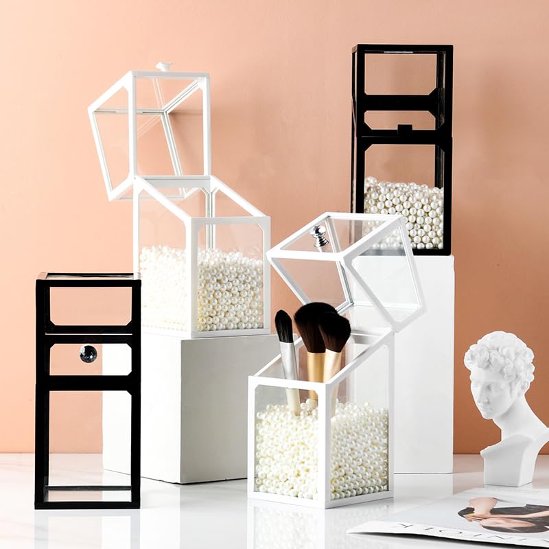 London Boutique Luxury Glass Makeup Brush Holder with Pearl Beads, 21cm Height, Dustproof Lid, Available in White/Black/Green (White) - Image 2