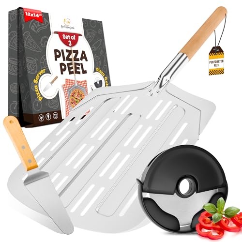 Sefinsecimi Premium Pizza Tool Set – 12x14 Inch Perforated Pizza Peel, Compact Cutter, Wooden Handle Cheese Peel – Ultimate Kit for Baking, Slicing & Serving