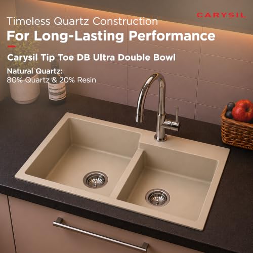 Image of Carysil TIP TOE DB ULTRA Quartz Kitchen Sink 34 x 20 x 8 inches, Single Bowl with Drain Board, 80% Quartz & 20% Resin, Heat Resistant 300C, 50kg Load, Scratch Resistant Granite Sink - Cream