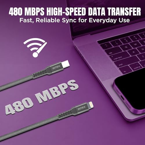 Image of Intex Speed Max 27W Braided Type C to Lightning Fast Charging Cable with 480 Mbps, Data Transfer, Tangle-Free For iPhone 14,13, 12,11, 8, 7, 6, 5, Macbook, Imac, Airpods and Other Devices - Black