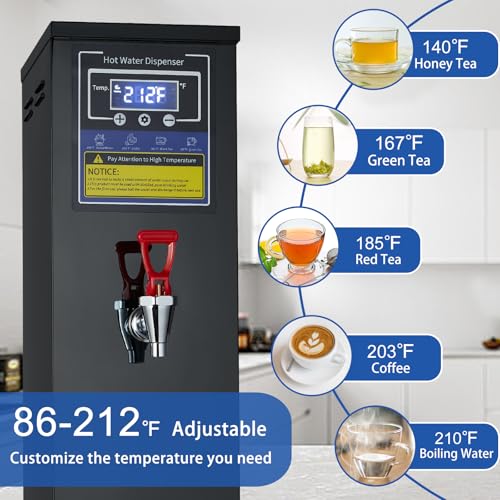 Image of Hot Water Dispenser Commercial Water Boiler Countertop Hot Water Machine Stainless Steel Step-heating Temperature Control 86-212F for Boba Tea Coffee Office Restaurant 1600W, 30L(8GAL) /Hour, Black