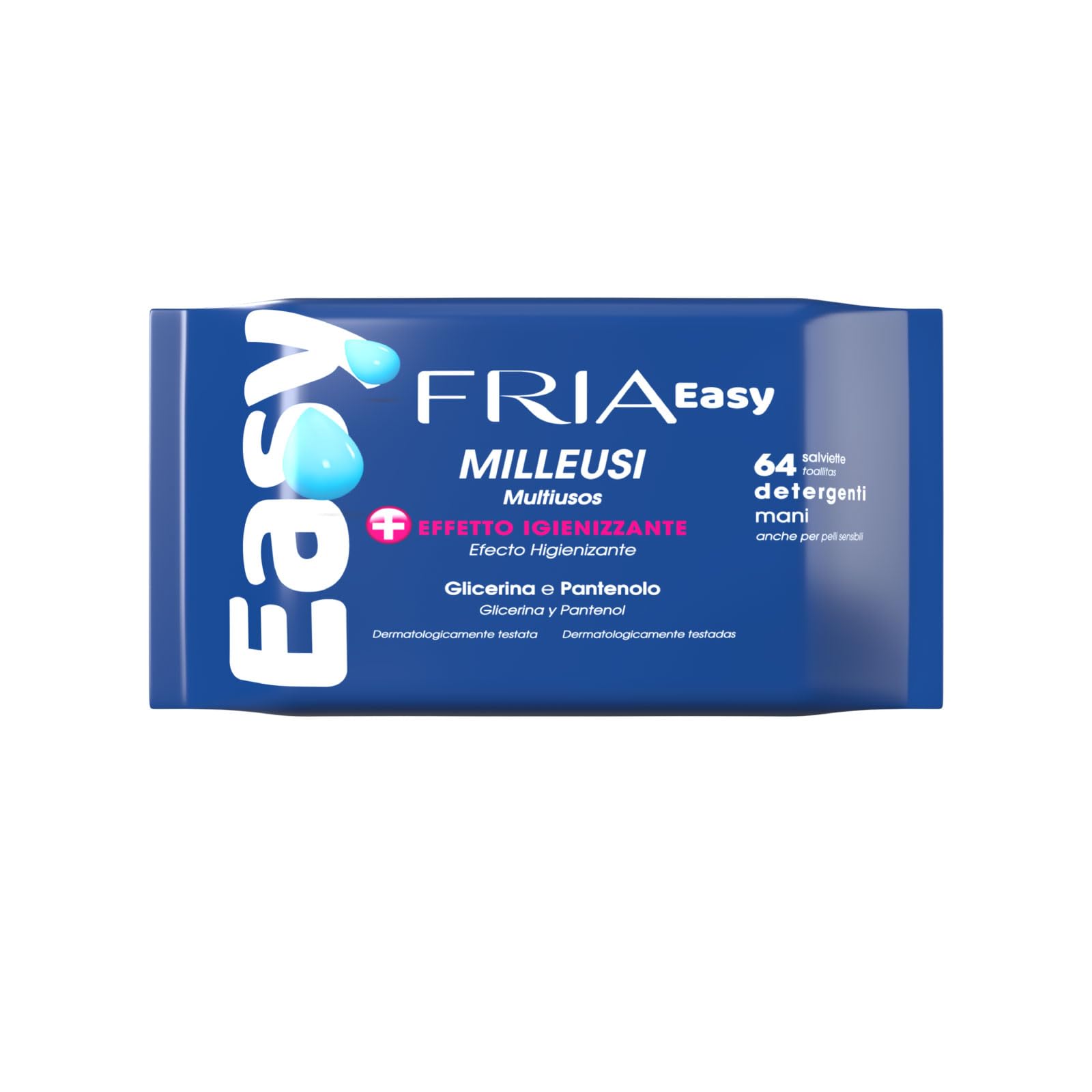 Fria Easy Salviette Milleusi, con Glicerina e Pantenolo ad Effetto Igienizzante sulla Pelle, Dermatologicamente Testate, Confezione da 64 Salviette