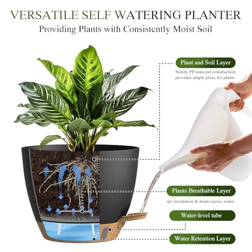 Self Watering Pots with Drainage Holes, 3 Pack 12/10/8 Inch Plant Pots with Water Level Indicator Deep Reservoir, Large Plastic Planter for Indoor Outdoor Plants - Black Brown - Image 4