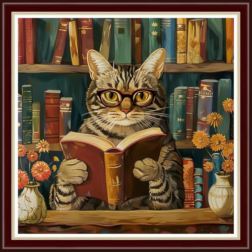 Image of Joyhoor Cross Stitch Kits for Beginners Stamped Cross-Stitch Supplies Needlework preprint Embroidery Kits for Adults DIY Needlepoint Kit Embroidery Patterns 11CT-Cat Reading 18x18 inch