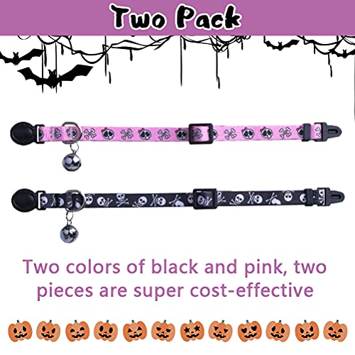 Pupteck Breakaway Cat Collar With Bell Charm, 2 Packs Adjustable Kitty Collars Pink & Black Skull Pattern #TOP6