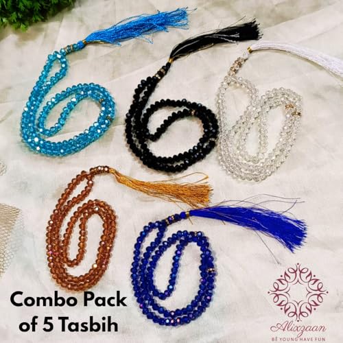 Image of Islamic Prayer Crystal Beads Tasbeeh with Silk Tassel, Dhikar Best Gift of Hajj Umrah, Ramadan as Sadqa-e-Jariya Set of 5 Multicolour Gemstone Tasbih Unisex Adult
