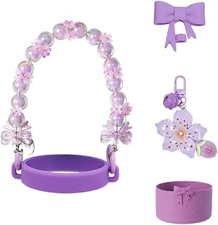 Sakura Edition Silicone Cup Boot and Bow Straw Topper Set Designed for Stanley Quencher 40 oz & 30 oz Tumbler - With Handle Strap, Pearl Charms, 4-Piece Cup Accessories Kit(Sakura(Light Purple))