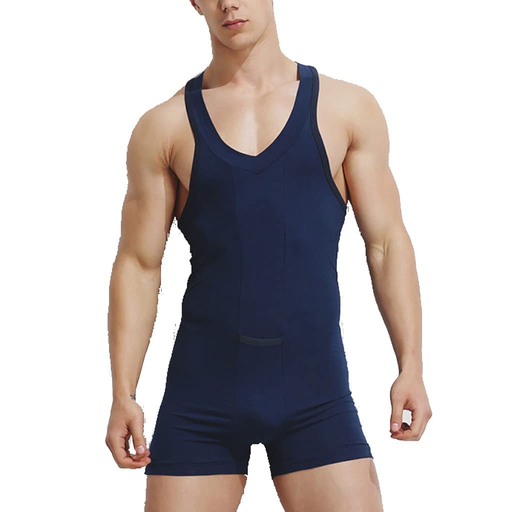 GYQZCGYQZC Mens Onesie Underwear Soft Cotton Jumpsuit Sleeveless Shoulder Strap Onesie Shapewear Sexy Lounge Bodysuit (Color : Blue, Size : X-Large)