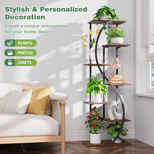 Image of MJOMKN 59 inch Tall Plant Stand with Grow Light Indoor, 7 Tiered Metal Plant Shelf, S-Shaped Flower Display Stand, Corner Storage Shelf for Living Room, Patio, Balcony Decor