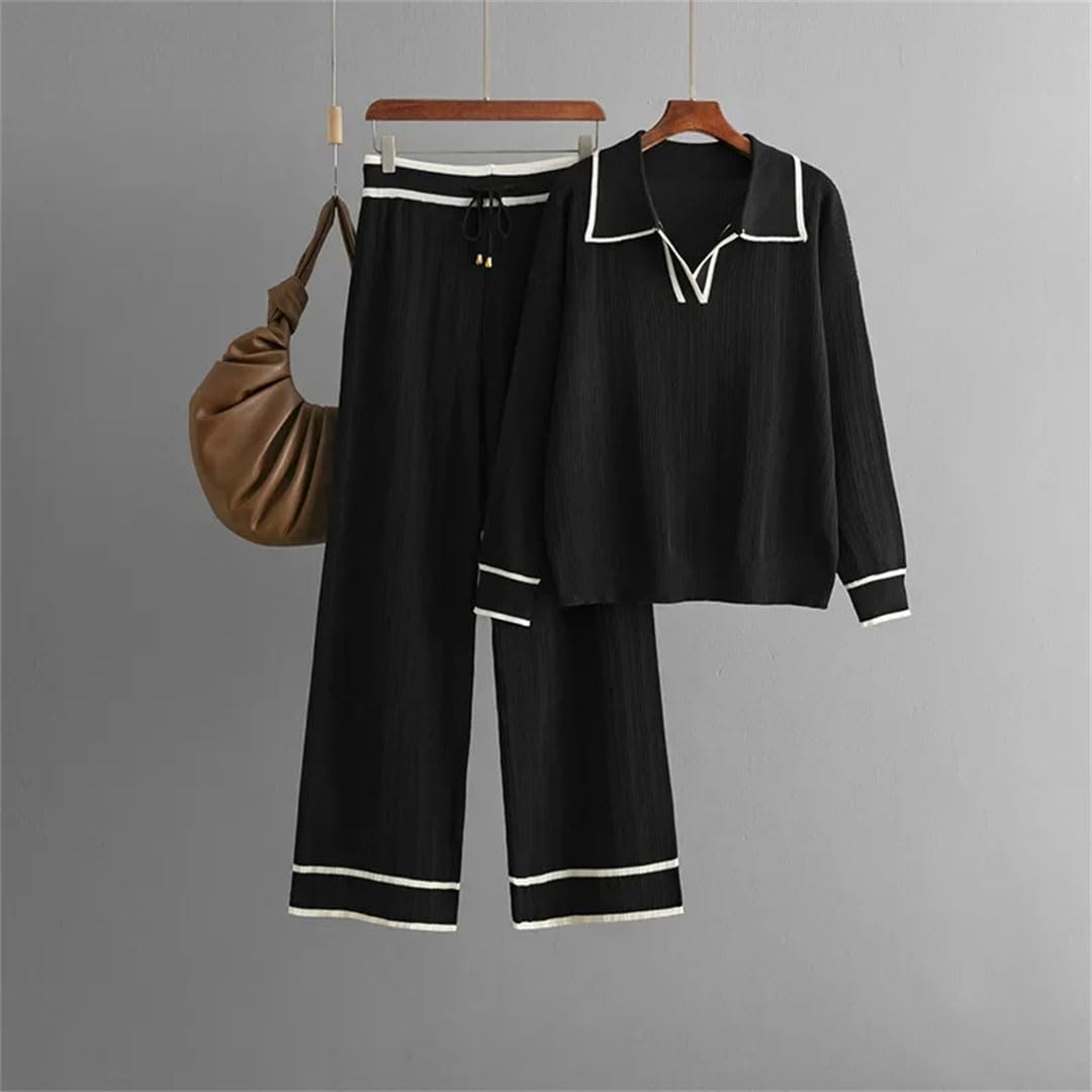 Ensemble deux pièces pour femme avec pull contrasté taille haute et pantalon en tricot fin