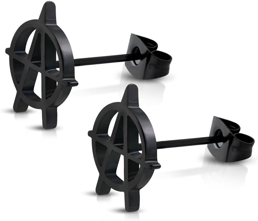 Stainless Steel Black Anarchy Symbol Stud Earrings (pair)