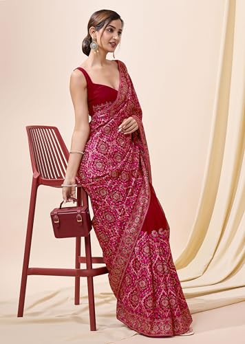 Image of TRENDMALLS Women's Vichitra Silk Heavy Embroidery With Siroski Stone Work Saree with Unstitch Blouse Piece For Women