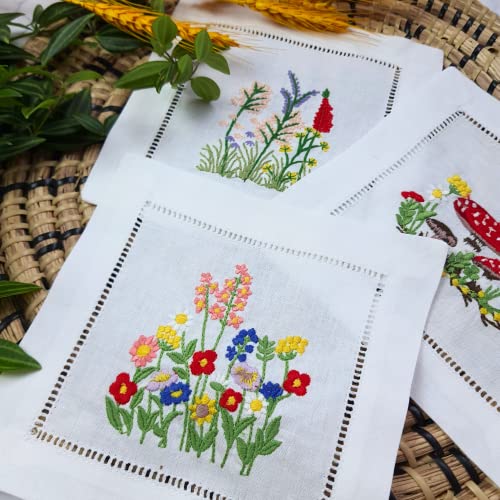 Hcraft Embroidered White Cocktail Napkins 6"X6" Set Of 6 Cloth Napkin Coasters, Flowering Mix Embroidered Cocktail Napkins For Christmas Cocktail Napkins Parties, Ladder Hemstitch, Great Present Ideas #TOP5