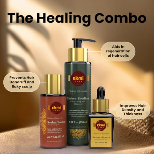 Image of Ekmiveda Hair Growth Set with Ayurvedic herbs- Amla, Bhringraj, Castor Oil, Rosemary for hair growth. Sulfate free hair thickening products for women, men. 3 pcs - Oil, Shampoo & Serum, 8.45 fl oz