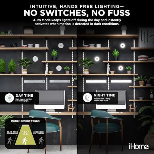 Image of iHome Rechargeable Auto Sensing Light Bars, Motion Sensor, Dimmable, Auto /Always-On Modes, Easy Installation (5-Pack (2 Light Bars & 3 Puck))
