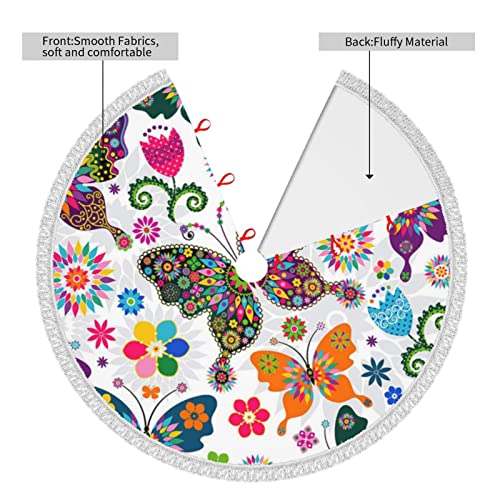 Christmas Tree Skirt 48" - Spring Floral Butterfly Printed Tree Skirt With Tassel Xmas Tree Decoration For Christmas Holiday #TOP3