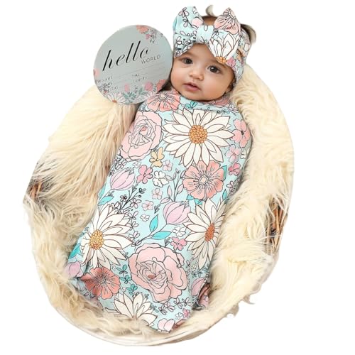 Image of Galabloomer Newborn Receiving Blanket Headband Set Baby Flower Swaddle (Blue Glass)