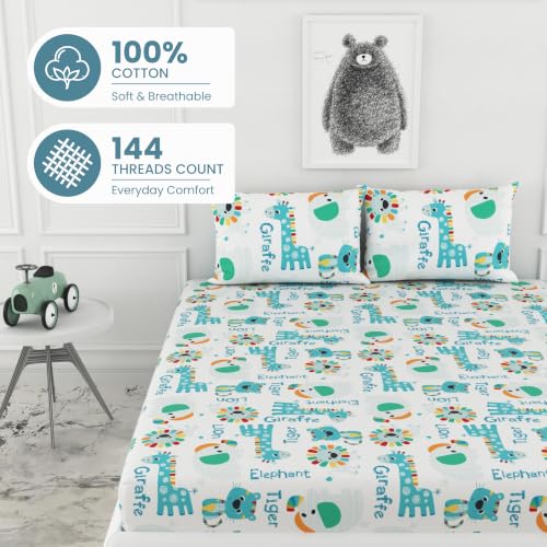 Image of LORETO - A QUALITY LINEN BRAND 144 TC 100% Pure Cotton Double /Queen Fitted Bedsheet with 2 Pillow Covers for 72 x 60 Inch Mattress, All-Around Elastic, 8 Inch Deep Pocket, Aqua & Rainbow Animal Parade