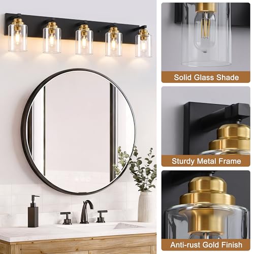 Image of 5-Light Black and Gold Bathroom Vanity Light, Clear Glass Shade | 35.4 inch Wall Mount Over Mirror Lighting Fixtures, Brushed Gold Finish, Durable Metal, Modern Farmhouse Style, for Bathroom