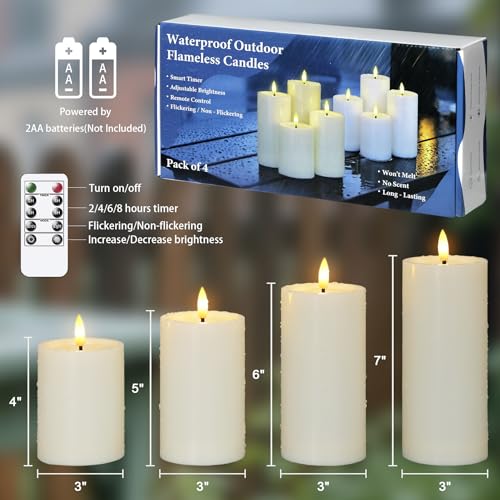 Image of Yeelida Outdoor 4pcs Flameless Waterproof Candles with Handy Remote Control, Cycle Timer Battery Operated Candle Grease Effect LED Flickering Pillar Plastic Long Lasting (Ivory, 3 inch x4 inch 5 inch 6 inch 7 inch)