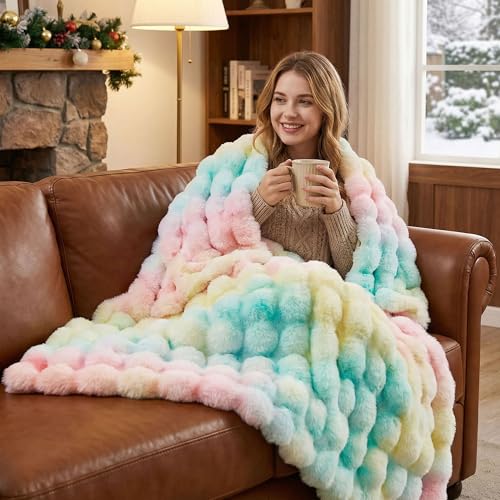 JONIYEAR Decorative Colorful Bubble Faux Rabbit Fur Throw Blanket 50' x 60', Thick Pastel Textured Warm Fluffy Blanket for Winter,Luxury Shag Cute Cozy Fuzzy Furry Lap Blankets for Couch Women,Rainbow