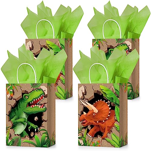 Fuutreo 24 Pcs Dinosaur Party Favor Bags with Handle and Tissue Paper