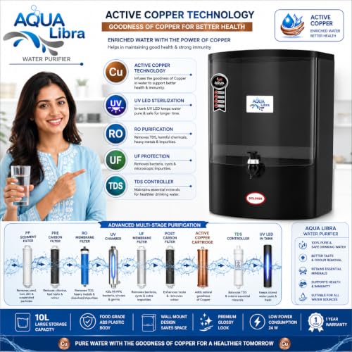 Image of Aqua Libra 10L RO+UF+UV LED Water Purifier for Home | Active Copper Technology | ISI Certified | Multi-Stage Filtration | Suitable for Borewell, Tanker & Municipal Water | Food Grade ABS | Black