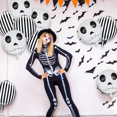 Image of Halloween Balloons Decorations 18 Inch Skull Black and White Striped Mylar Foil Balloon Skeleton Balloons for Halloween Birthday Spooky Baby Shower Party Decoration