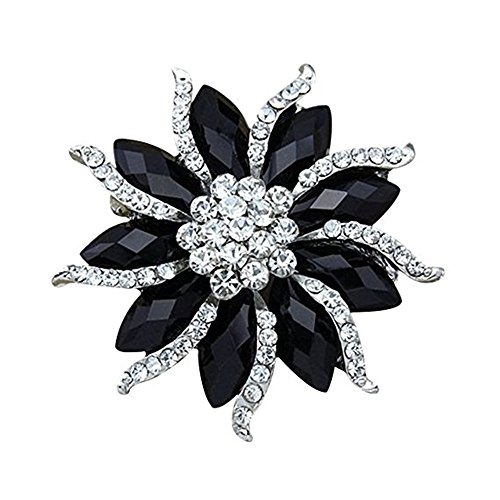 Blossom Flower Rhinestone Brooch Pin Black Crystal Collar Pin Scarves Shawl Clip for Women Lady