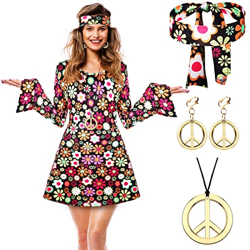 70S 80S Women Hippie Costume Set Disco Outfit Women Peace Sign Earring Necklace Headband Dress For Halloween Cosplay (Small) #TOP3