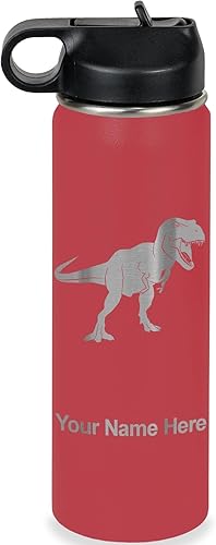 Vista 15 de LaserGram Botella de agua personalizada, dinosaurio tiranosaurio Rex, acero inoxidable de doble pared aislada al vacío con popote superior, regalo