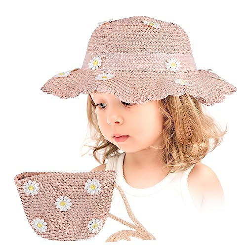 Girl Straw Sun Hat with Crossbody Bag Wide Brim Portable for for Girls for Adventures Pink