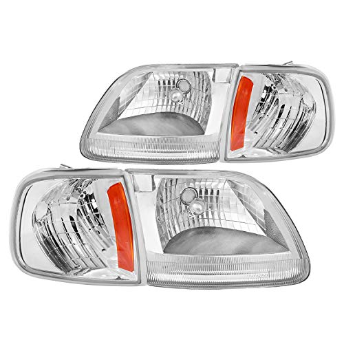 Spec-D Tuning Chrome Housing Clear Lens Headlights + Corner Lights Compatible with Ford F150 1997-2003 L+R Pair Head Light Lamp Assembly