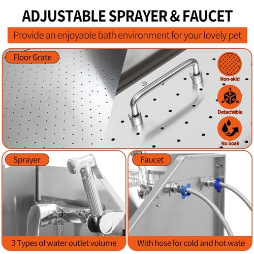 Dog Washing Station 38\'\' Stainless Steel Pet Grooming Tub for Large Dogs Over-Size Professional Dog Grooming Bathtub Station Wash Shower Sink Pet Grooming Bathtub Station,Right Door