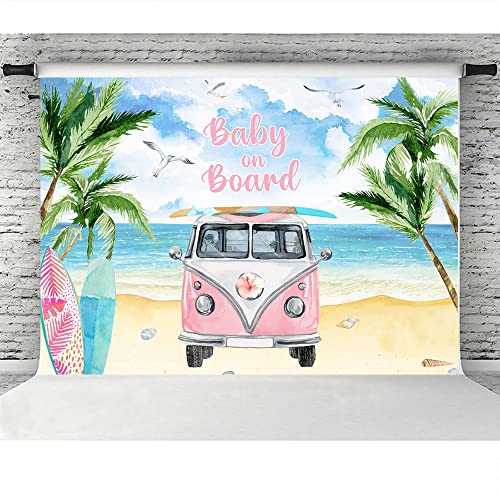 Lofaris Summer Girl Beach Baby Shower Party Backdrop Tropical Hawaii Baby On Board Surfboard And Car Palm Tree Background Happy Birthday Newborn Baby Cake Table Banner Decorations 7X5Ft #TOP4