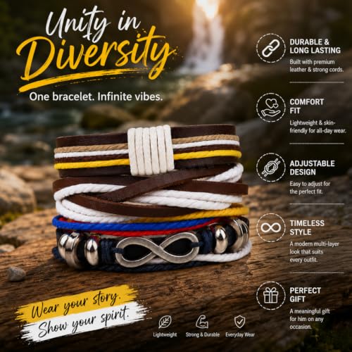 Image of Young & Forever Multi-Layer Leather Bracelet for Men | Adjustable Handmade Wrap Bracelet with Beads, Anchor, Evil Eye, Feather & Boho Charms | Vintage Punk Casual Wristband Gift for Men & Boys