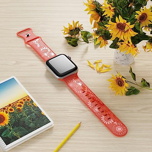Image of Sunflower Engraved Band Compatible with Apple Watch Bands 38mm 40mm 41mm 42mm 44mm 45mm 49mm Women, Designer Soft Glossy Floral Silicone Strap for iWatch Series Ultra 11 10 9 8 7 6 SE 5 4 3 2 1