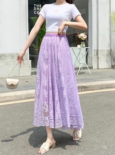 chouyatou Women's Lace Crochet Eyelet Dress Patterned Ruffle Flared Elastic Waist Flowy A Line Midi Skirt4