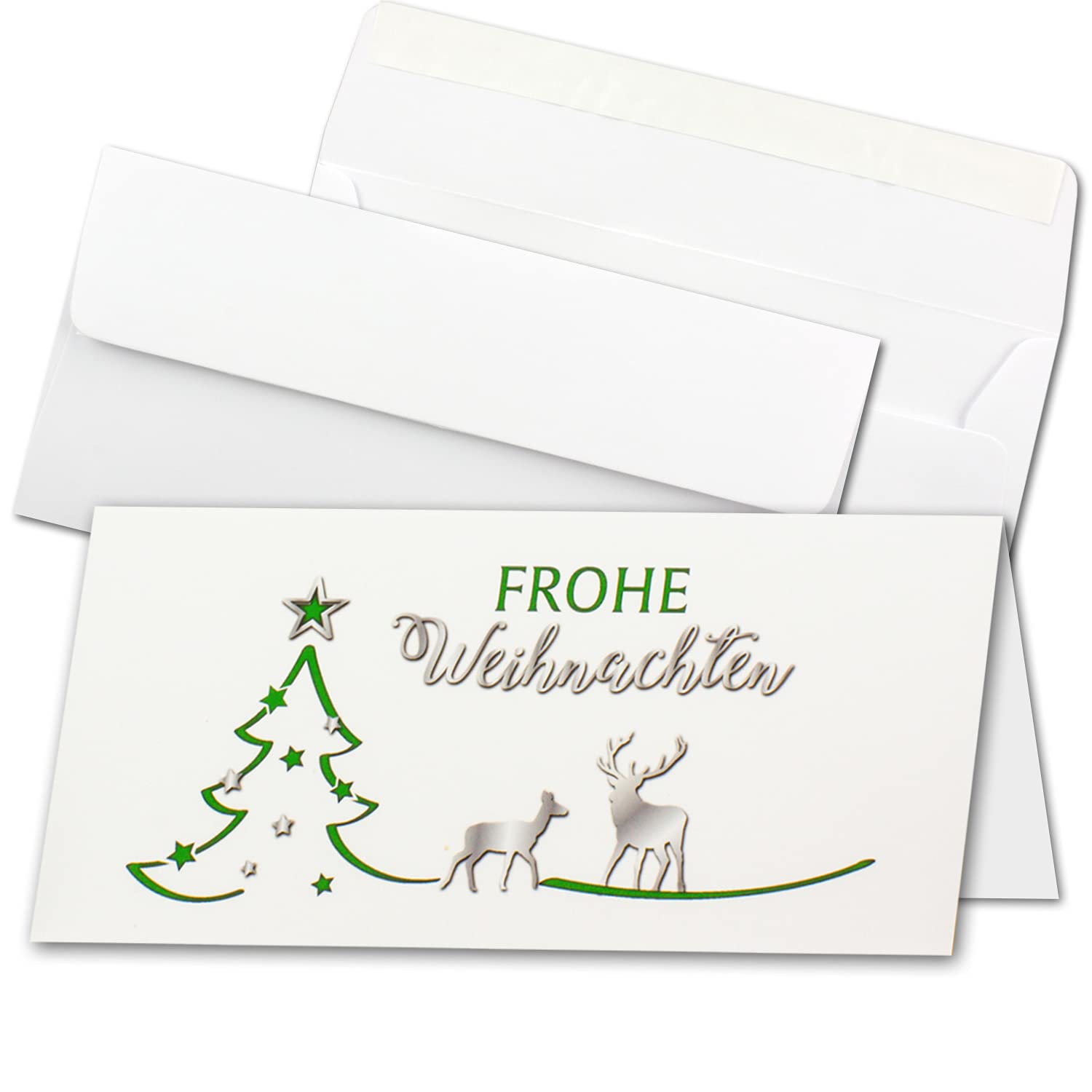 Juego de 200 tarjetas de Navidad DIN largo en color blanco con abeto verde y renos – Tarjetas plegables con sobres a juego DIN largo blanco con adhesivo – saludos de Navidad para empresas y privadas