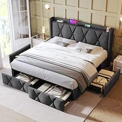 Kehun Polsterbett Doppelbett 140×200 cm mit USB-Kopfteil, Stauraumbett mit 4 Stauraum Schubladen, Bett Bettgestell mit Lattenrost aus Holz, Leinen, Grau, Ohne Matratze
