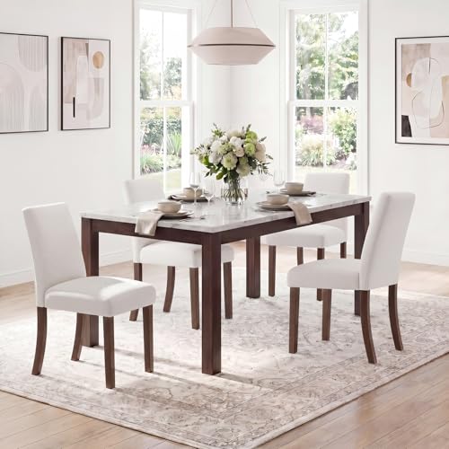 Image of Upholstered Dining Chairs Set of 4, Mid-Century Dining Room Chairs with Wooden Legs, Farmhouse Fabric Parsons Chairs for Small Space Restaurant & Cafe- Light Beige